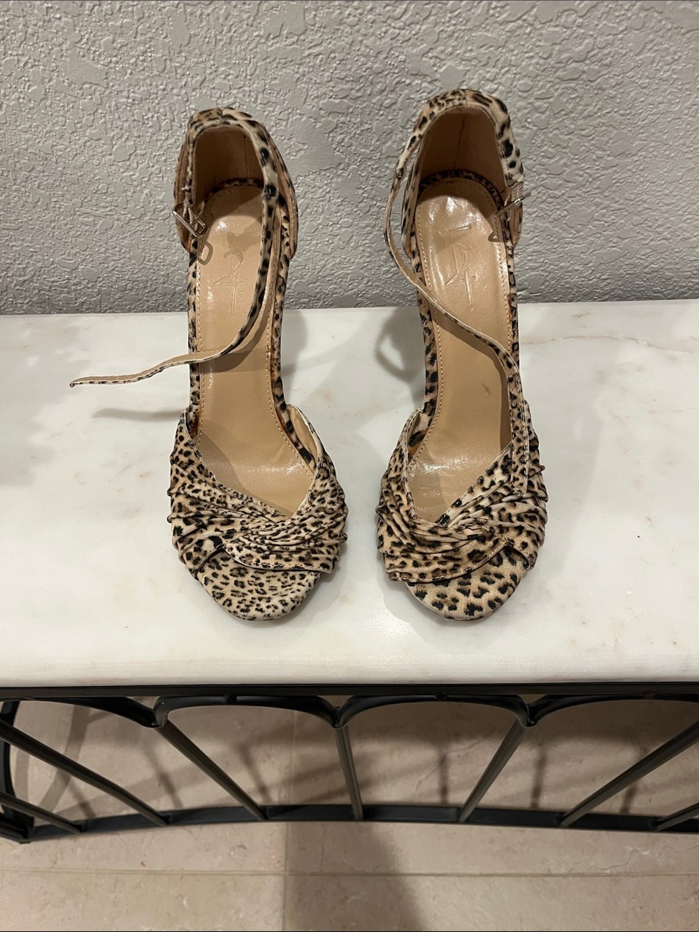Leopard-Print Knotted Ankle-Strap Heels - Beige
